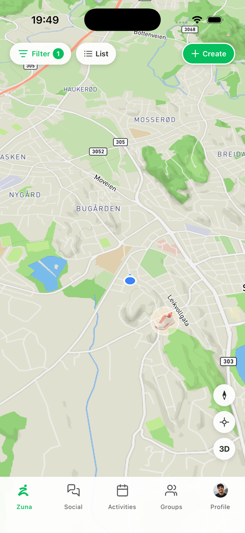 Skjermbilde fra Zuna Move-appen: kart med aktiviteter, filter, listevisning og opprett-knapp